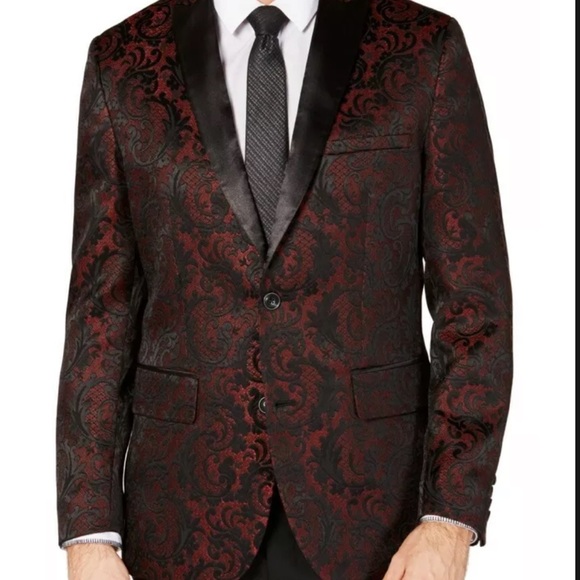 INC - Red Slim Fit Jacquard Two-Button Tuxedo Blazer Large Slim Fit NWT